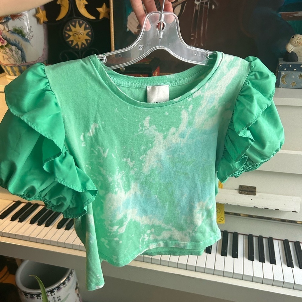 Industry Y2K Fairy Grunge Boho Tie Dye Cropped Top Frilly Sleeve - Picture 10 of 16